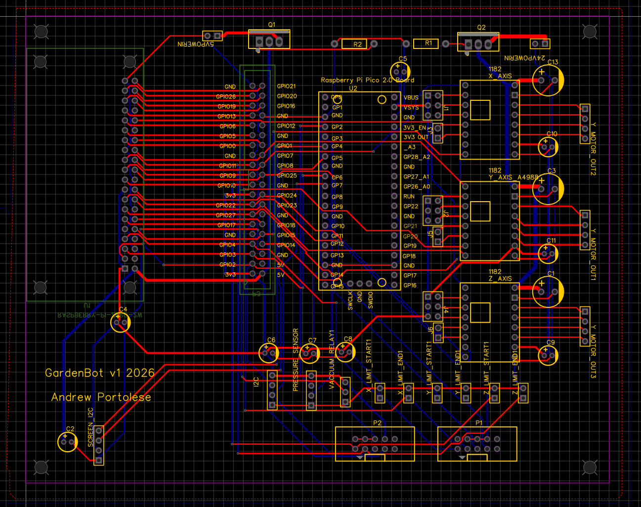 GardenBot v1 PCB layout designed in EasyEDA, showing the main board with Raspberry Pi Pico, GPIO expander, and connector routing