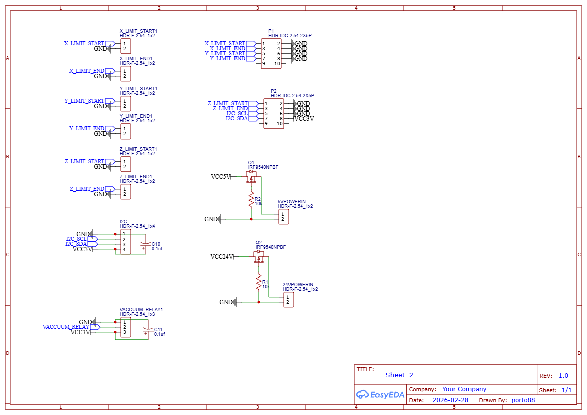 GardenBot v1 schematic - connectors sheet showing limit switches, I2C headers, power inputs, and vacuum relay