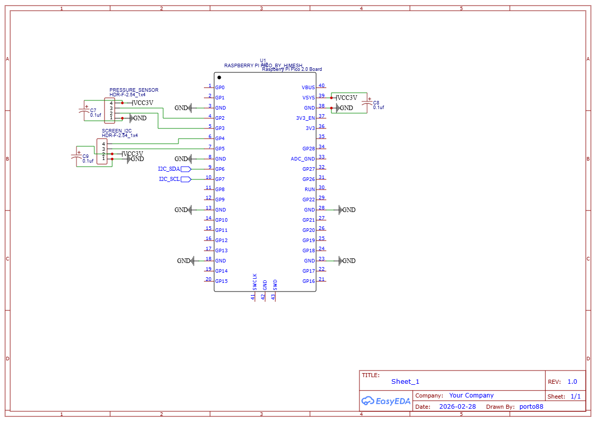 GardenBot v1 schematic - pressure sensor sub-circuit with Raspberry Pi Pico as I2C slave