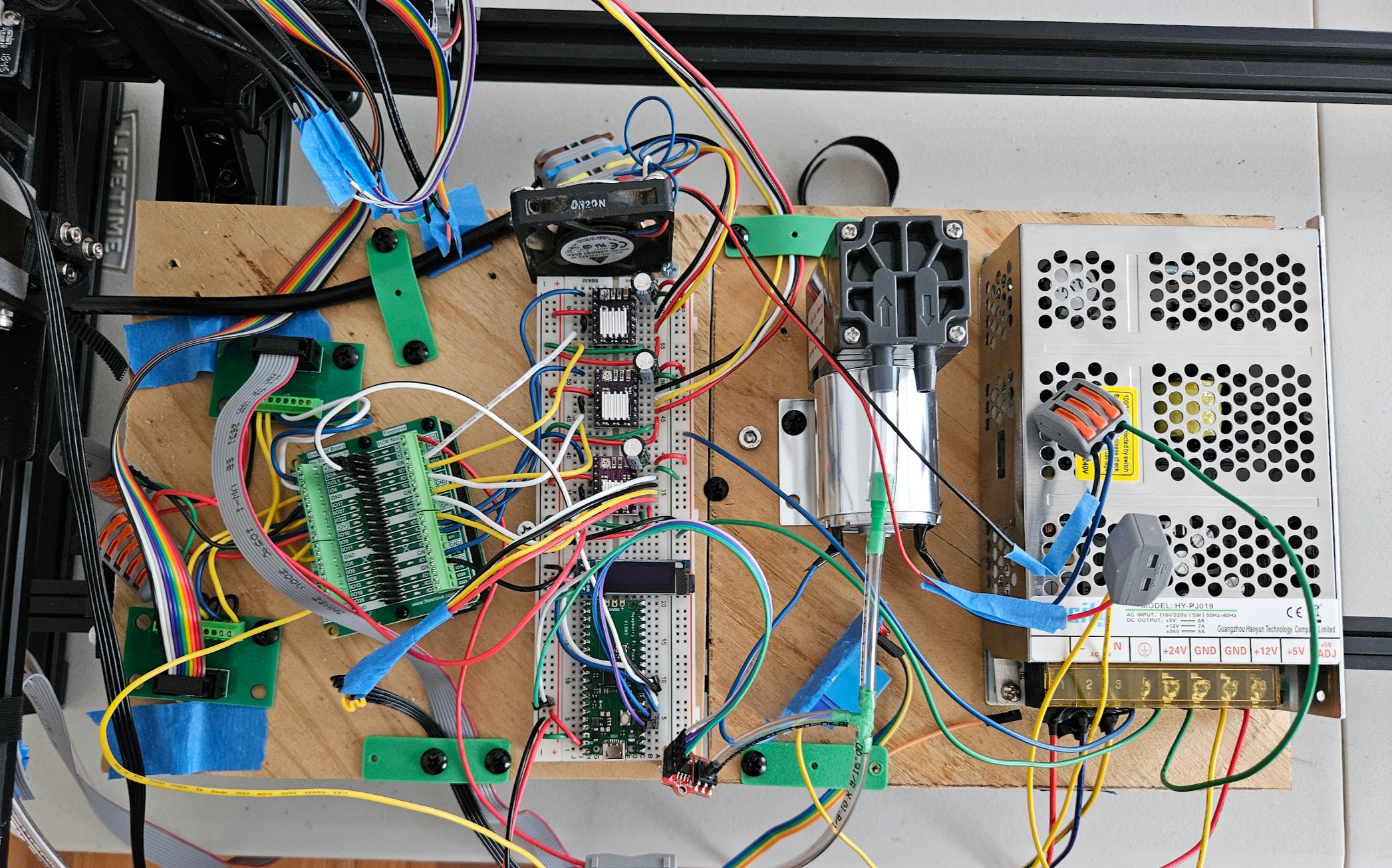 GardenBot breadboard prototype with Raspberry Pi Zero 2 W and all components wired up
