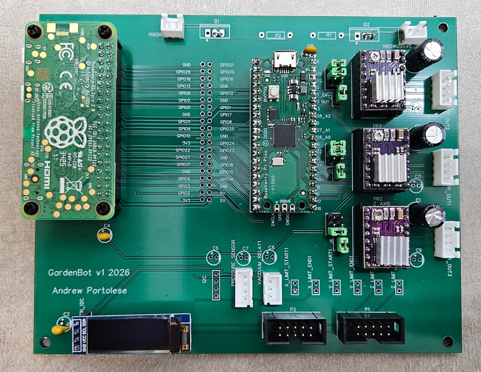 GardenBot v1 PCB fully populated with Raspberry Pi Pico, three stepper drivers, OLED display, and all connectors installed