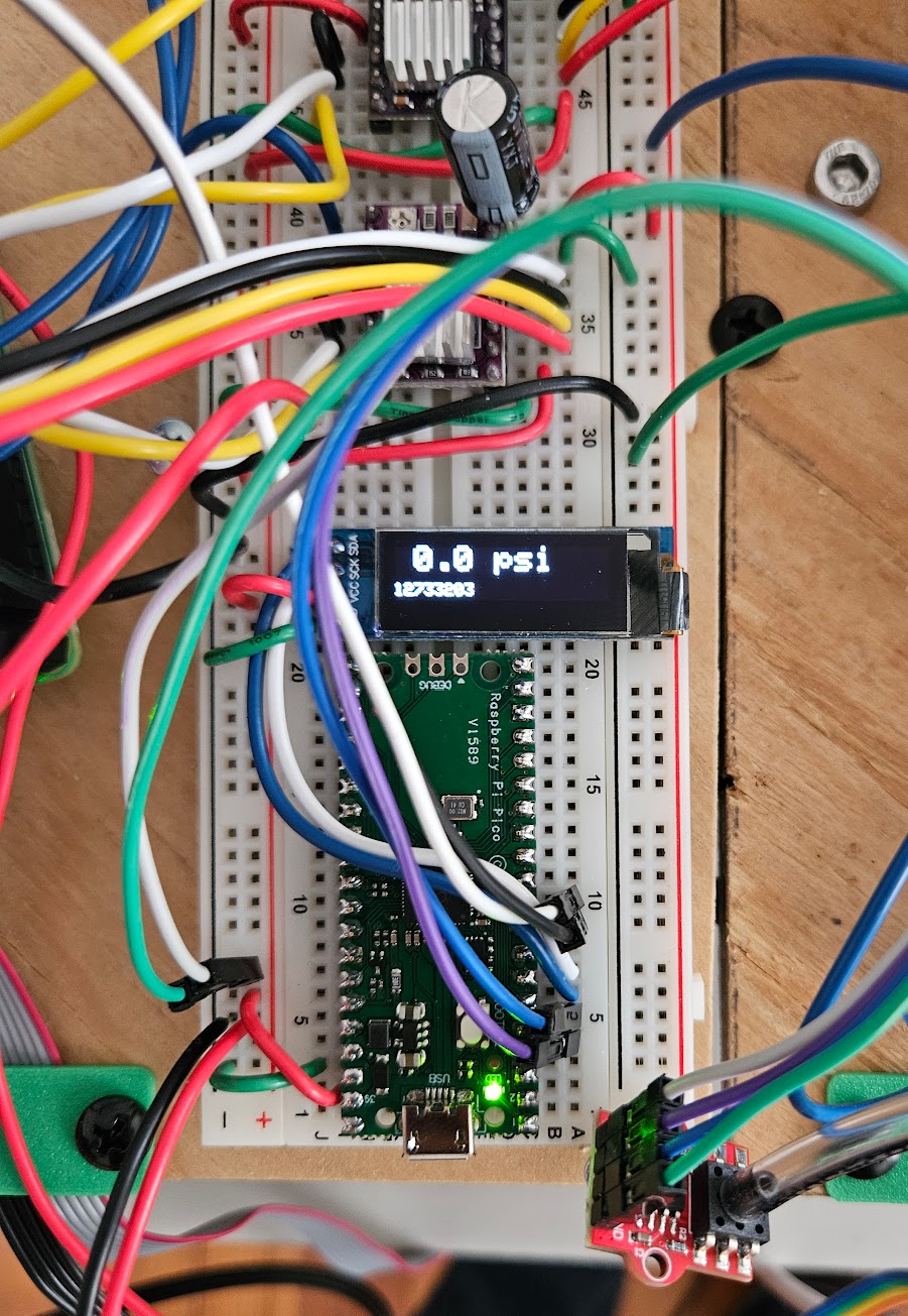 Raspberry Pi Pico connected to HX710B pressure sensor with I2C wires running to the main RPi Zero
