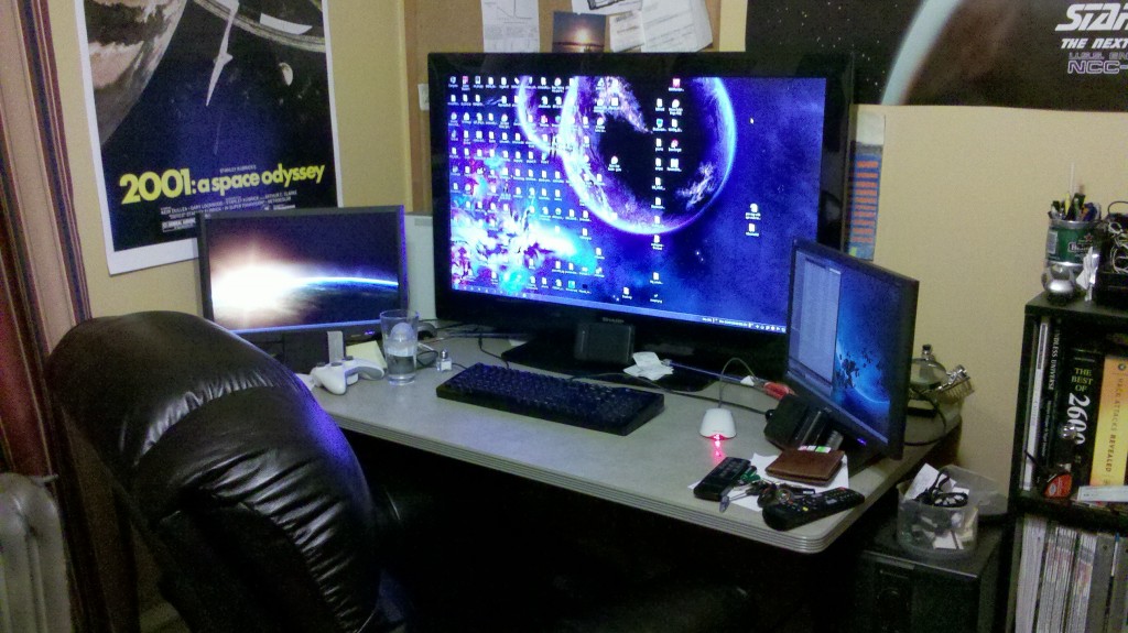 Computer setup with 42 inch TV and 2 monitors